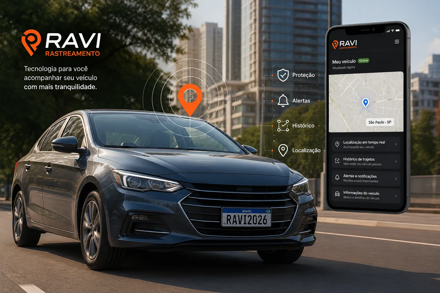 Carro equipado com rastreamento veicular Ravi